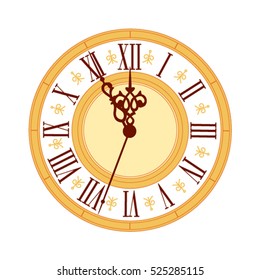 Vintage elegance clock face. Vector illustration. Classic ancient antique watch isolated. Ancient retro timer design. Traditional silhouette. Old graphic timer object design. Elegant sign