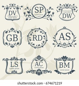 Vintage elegance wedding monograms with floral frames. Vector stock. Floral monogram frame logo with letter illustration