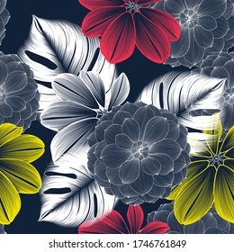 Vintage elegant abstract background with hand-drawn dahlia flowers and exotic monstera leaves. Pattern for creating packaging, wallpaper, fabric.