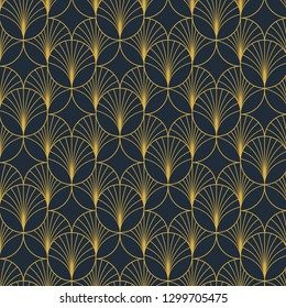 Vintage elegante Art Deco-Stil nahtlos Muster mit goldenen Motiven auf dunkelblauem Hintergrund. Geometrisches abstraktes Textur-Vektormuster.