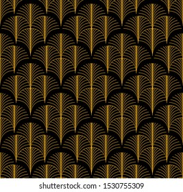 Vintage elegant Art Deco style seamless repeat pattern with golden motifs on dark background. Black and gold geometric damask pattern. 