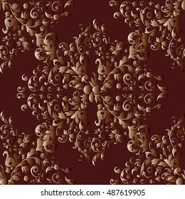 Vintage elegant baroque damask floral dark red vector seamless pattern background wallpaper illustration with 3d decorative baroque  flowers and ornaments.  Endless luxury monochrome  texture.