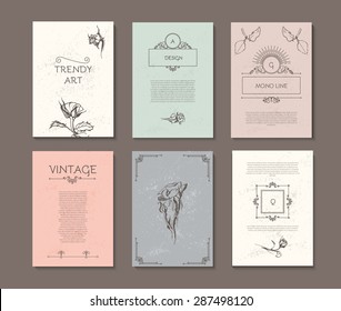 Vintage elegant cards. Roses & mono line elements. Retro Graphic Style. Vector illustration