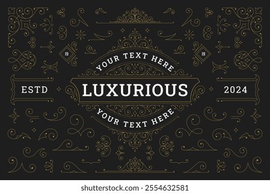 Vintage elegant classical luxury Victorian golden ornament design element set vector illustration. Royal flourishes filigree vignette text decoration frame logo divider for old style menu book cover