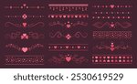 Vintage elegant dividers with hearts and stars, Valentine Day decorations, frames, stickers and ornament set. Vector red and pink design elements. 