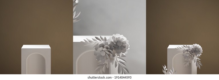 Vintage elegant empty podium scene template for product display presentation with beautiful flower bouquet decoration. 3d realistic vintage style product placement vector illustration