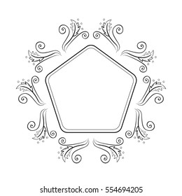 Vintage elegant five-cornered frame template with hand drawn elements. Monochrome vector illustration in black and white colors. Good for design of card, invitation, label, badge, emblem, monogram.