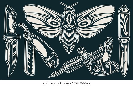 Vintage elegant flash tattoos composition with butterfly knives straight razor professional tattoo machine in monochrome style isolated vector illustration