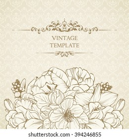 Vintage elegant floral background. Vector sketch spring flowers  bouquet and decorative classic frame on ornamental seamless background