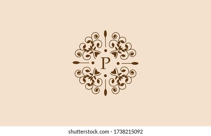 Vintage elegant floral monogram with ornament and letter P. The round business sign is identical for a restaurant, boutique, hotel, heraldry, jewelry, fashion.