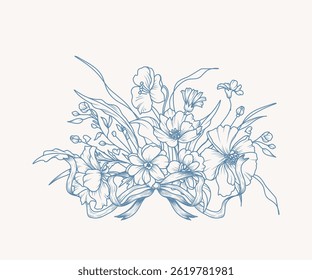 Vintage elegant flowers and bow. Hand drawn floral bouquet line art. Wild and garden flowers, leaves, herbs and ribbon. Vector illustration for tattoo, wedding invitation, save the date card, frame