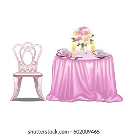Vintage elegant furniture in interior to create a romantic atmosphere of candlelit dinners. Chair and table covered pink tablecloth isolated on white background. Vector cartoon close-up illustration.