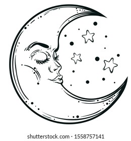 Vintage elegant hand-draw work of moon and stars. Religion philosophy, spirituality, occultism, chemistry, science, magic. Isolated vector illustration.