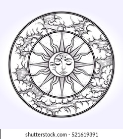 Vintage elegant hand-draw work of moon, sun, night sky, moon phase, and clouds.  Sacred Geometry, Magic, Esoteric Philosophies, tattoo, art, . Vector illustration for commercial and personal use. 