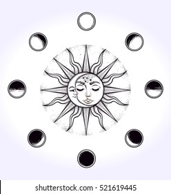 Vintage elegant hand-draw work of moon, sun, night sky, moon phase, and clouds.  Sacred Geometry, Magic, Esoteric Philosophies, tattoo, art, . Vector illustration for commercial and personal use. 