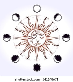 Vintage elegant hand-draw work of moon, sun, night sky, moon phase, and clouds. Sacred Geometry, Magic, Esoteric Philosophies, tattoo, art. Vector illustration for commercial and personal use.