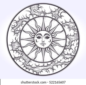 Vintage elegant hand-draw work of sun, night sky, moon phase and clouds. Sacred Geometry, Magic, coloring book, t-shirts design, tattoo, art. Vector illustration for commercial and personal use.