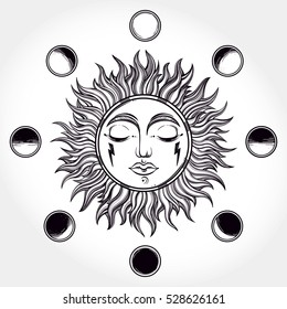 Vintage elegant hand-draw work of sun, moon phases. Sacred Geometry, Esoteric Philosophies, tattoo,art. Vector illustration for coloring book, t-shirts design,fabric, paper, textiles. Vector Isolated.