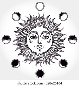 Vintage elegant hand-draw work of sun, moon phases. Sacred Geometry, Esoteric Philosophies, tattoo,art. Vector illustration for coloring book, t-shirts design,fabric, paper, textiles. Vector Isolated.