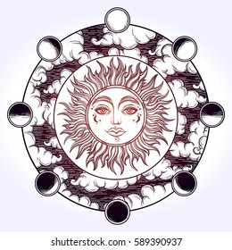 Vintage elegant hand-draw work of sun, night sky, moon phase and clouds. Sacred Geometry, Magic, Esoteric Philosophies,coloring book, tattoo, art. Vector illustration for commercial and personal use.