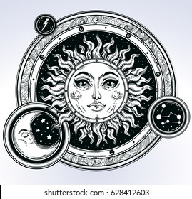 Vintage elegant hand-draw work of sun, moon, night sky and clouds. Sacred Geometry, Magic, Esoteric Philosophies, tattoo, art, t-shirts, paper, textiles, background. Vector illustration. 