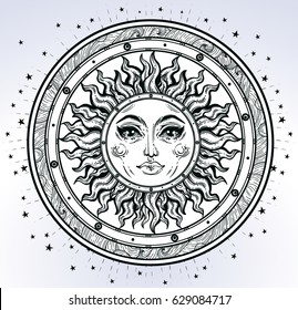 Vintage elegant hand-draw work of  sun, sky, stars. Sacred Geometry,  Esoteric Philosophies, religion philosophy, spirituality, occultism, science, magic, tattoo, art. Vector illustration.