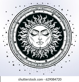 Vintage elegant hand-draw work of  sun, sky, stars. Sacred Geometry,  Esoteric Philosophies, religion philosophy, spirituality, occultism, science, magic, tattoo, art. Vector illustration.