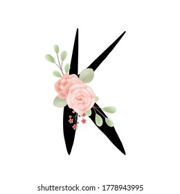 Vintage elegant handwritten English letter K with flower decoration, vector illustration, text, with spring and summer plant flower element symbols, holiday decoration