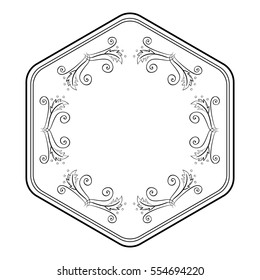 Vintage elegant hexagonal frame template with hand drawn elements. Monochrome vector illustration in black and white colors. Good for design of card, invitation, label, badge, emblem, monogram.