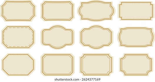 Vintage elegant label badges, vector tag frames gold and beige retro simple packaging shape clip art elements, isolated set