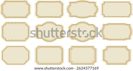 Vintage elegant label badges, vector tag frames gold and beige retro simple packaging shape clip art elements, isolated set