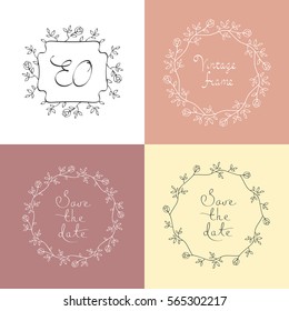 Vintage elegant line drawn frame. Wreath frame save the date