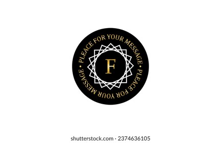 Vintage elegant linear logo, monogram design template with letter F in the center. Vector illustration on a dark background and space for text in a circle.