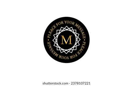 Logo lineal elegante vintage, plantilla de diseño monograma con letra M en el centro. Ilustración vectorial en un fondo oscuro y espacio para texto en un círculo.