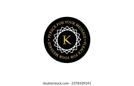 Vintage elegant linear logo, monogram design template with letter K in the center. Vector illustration on a dark background and space for text in a circle.