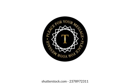 Logo lineal elegante vintage, plantilla de diseño monograma con letra T en el centro. Ilustración vectorial en un fondo oscuro y espacio para texto en un círculo.