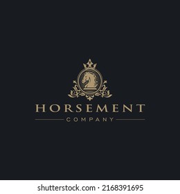 Vintage Elegant Logo Design Vector Template for Real Estate, Mortgage Property. Luxury Gold Ornament Emblem for Equestrian Consulting. Crest Horse Crown Vector Illustration.