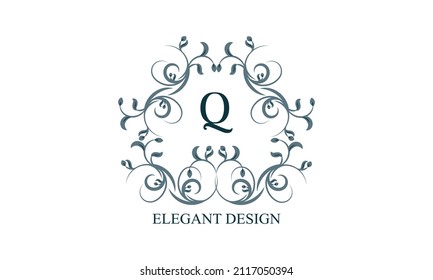 Vintage elegant logo with initials Q on a light background. Exclusive monogram for restaurants, clubs, boutiques, cafes, hotel cards. Business style and brand of the company.