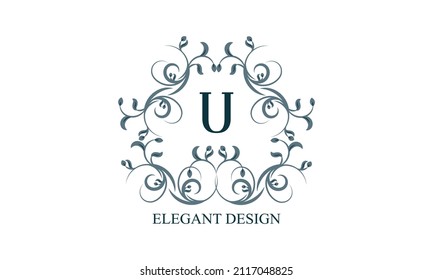 Elegante logo vintage con las iniciales U en un fondo claro. Monograma exclusivo para restaurantes, clubes, boutiques, cafés, tarjetas de hotel. Estilo de negocio y marca de la empresa.