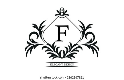 Vintage elegant logo with the letter F in the center. Black ornament on a white background. Business sign template, identity monogram for restaurant, boutique, heraldry, jewelry