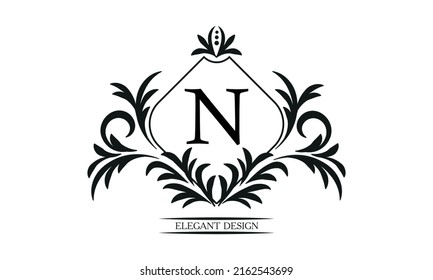 Vintage elegant logo with the letter N in the center. Black ornament on a white background. Business sign template, identity monogram for restaurant, boutique, heraldry, jewelry