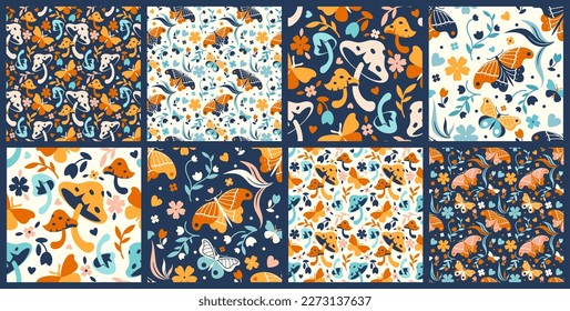 Vintage elegant muted spring collection of floral seamless patterns with insects, herbs and flowers. Retro bloom concept. Mystery witchcraft backdrop. Flat illustration