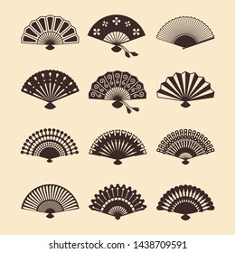 Vintage elegant oriental fans of set vector silhouettes. Oriental fan chinese, decoration japanese souvenir illustration