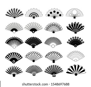 Vintage elegant oriental fans of set vector silhouettes. Oriental fan chinese, decoration japanese souvenir illustration. Chinese or japanese paper fan symbols isolated on white background