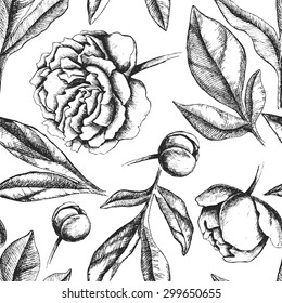 Vintage elegant pattern with peony flowers. Black and white ink vector illustration. Great for wedding invitation or birthday card