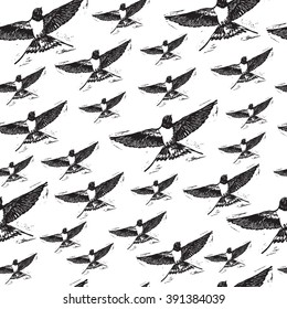 Vintage elegant seamless pattern with black Swallows on white background. Realistic engraved style.