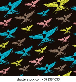 Vintage elegant seamless pattern with colourful Swallows on dark background. Realistic engraved style.