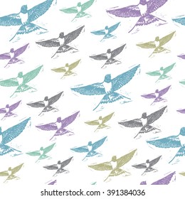 Vintage elegant seamless pattern with colourful Swallows on white background. Realistic engraved style.
