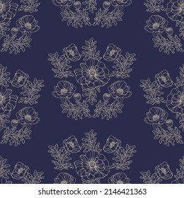 Vintage elegant seamless pattern of gold graceful poppy flowers in art nouveau style. Botanical illustration for wallpaper, fabric printing, packaging