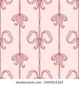 Vintage elegant seamless pattern with pink bows and ribbons. Pastel pink background. Coquette core trend glamour girly wallpaper. Romantic fabric or gift wrap design